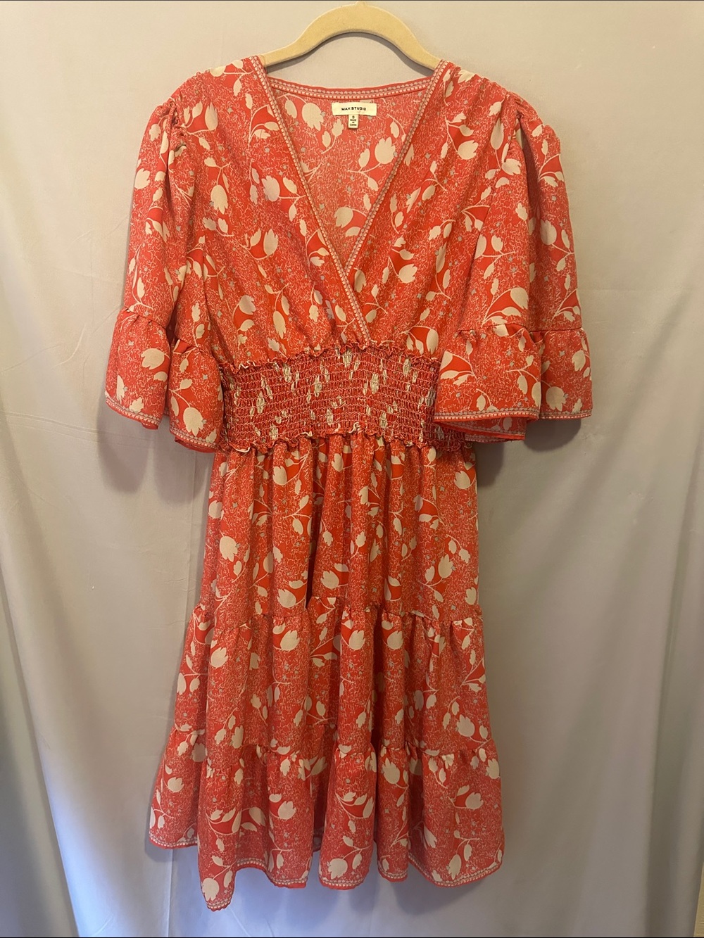 Max Studio Coral Red Floral V-Neck Dress